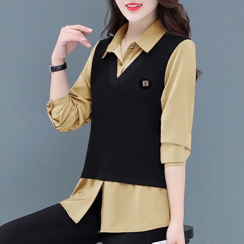 Spring Women\'s Clothing Fake Two Pieces Long Sleeve Shirt Fashion Simple Office Lady Casual Turn-down Collar Blouse Pullovers