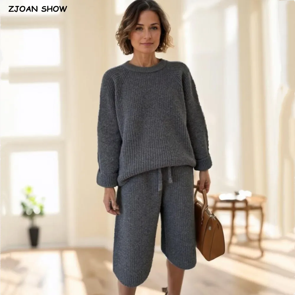 

2 шт., 1 комплект, 2025 г., вязаные пуловеры в рубчик в американском стиле ретро с круглым вырезом, свитер с бантом, эластичная талия, широкие полубрюки, брючные костюмы