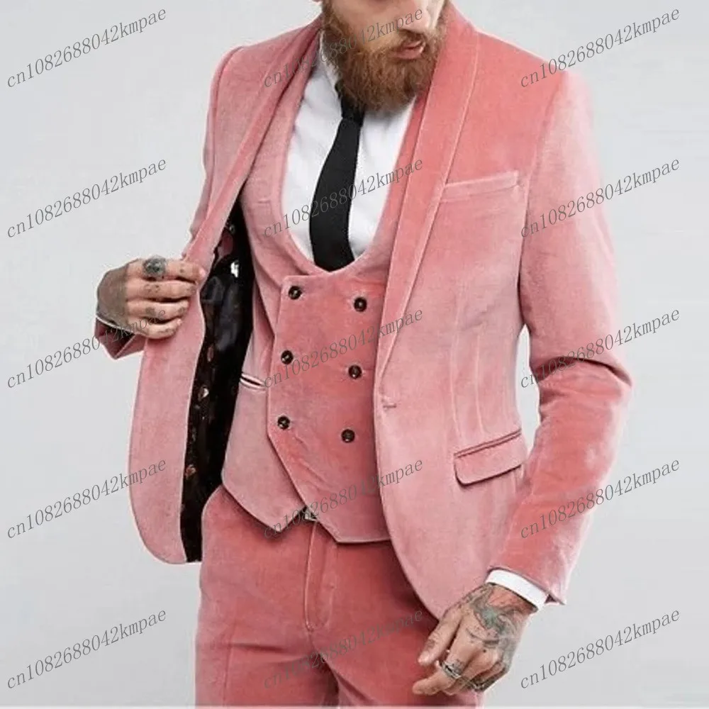 

New Velvet Pink Men Suit Formal Occasion Business Groom Groomsman Wedding Party Prom Male Tuxedos 3 Piece Set Blazer Vest Pants