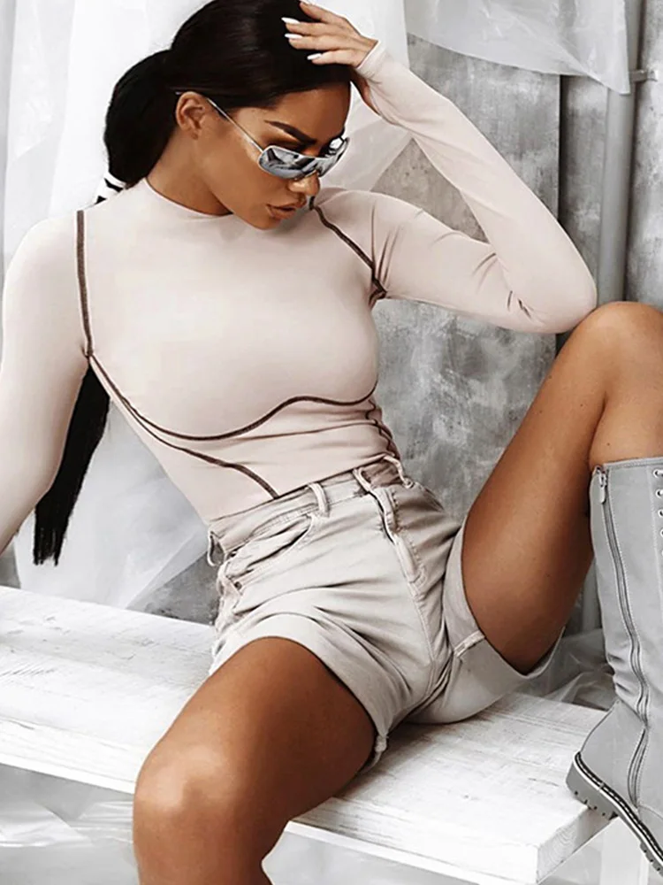 Long sleeve striped line patchwork bodycon sexy playsuit autumn winter women streetwear outfits female body