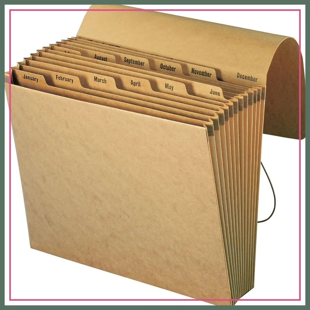 

Monthly Expanding File Folder, 12 Pockets, Letter Size, Kraft, Cord Closure