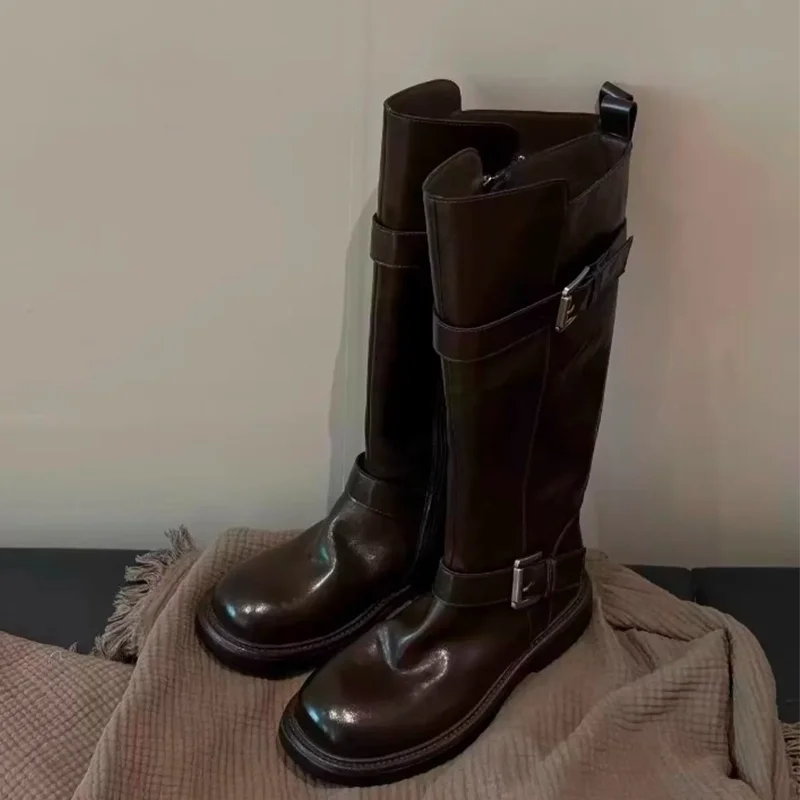 

High Boots for Women Flats Designer Knee High Buckle Shoes 2025 Walking Goth Chelsea Boots New Winter Mid Calf Dress Mujer Botas