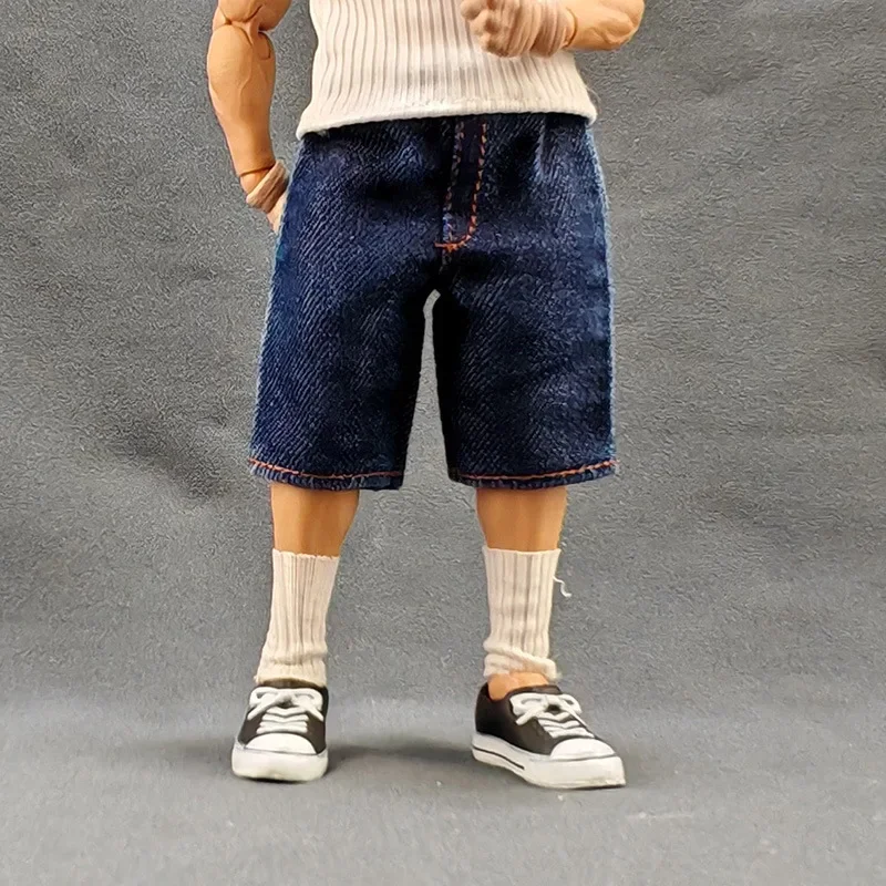 Escala 1/12 soldado masculino moda gola alta colete rasgado shorts jeans roupas acessório modelo para boneca de figura de ação de 6 polegadas