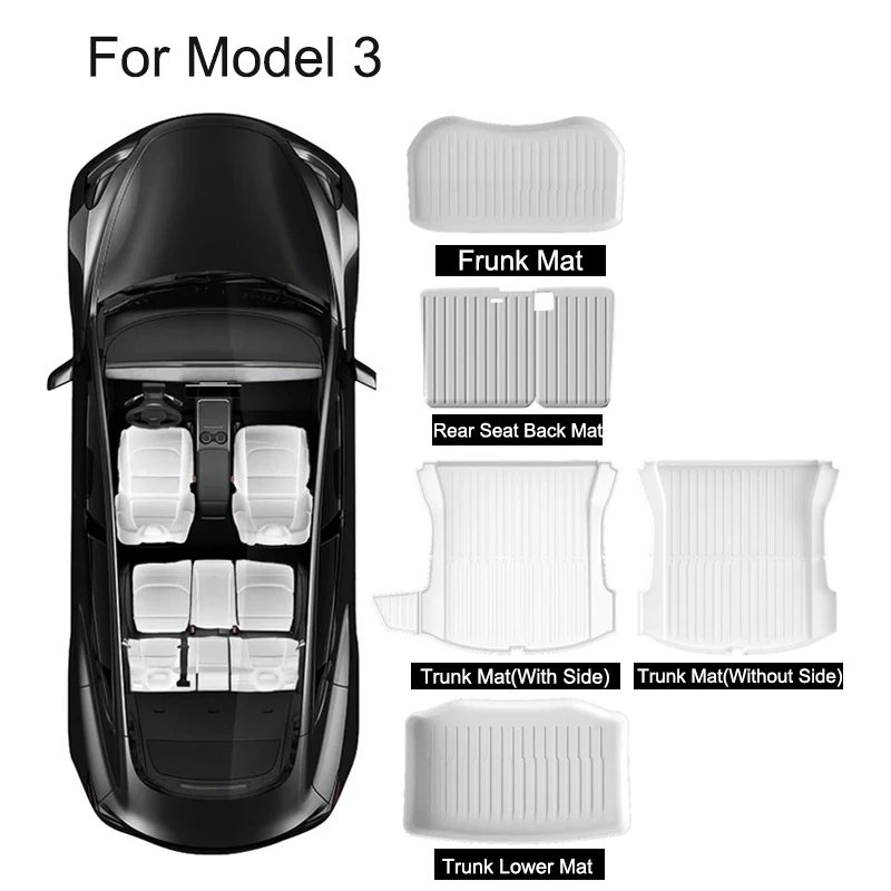 White TPE Seat Cover Cushion Frunk & Trunk Protector Anti-Kick Mats for Tesla Model Y Model 3 2021-2023 Cargo Tray Floor Mat