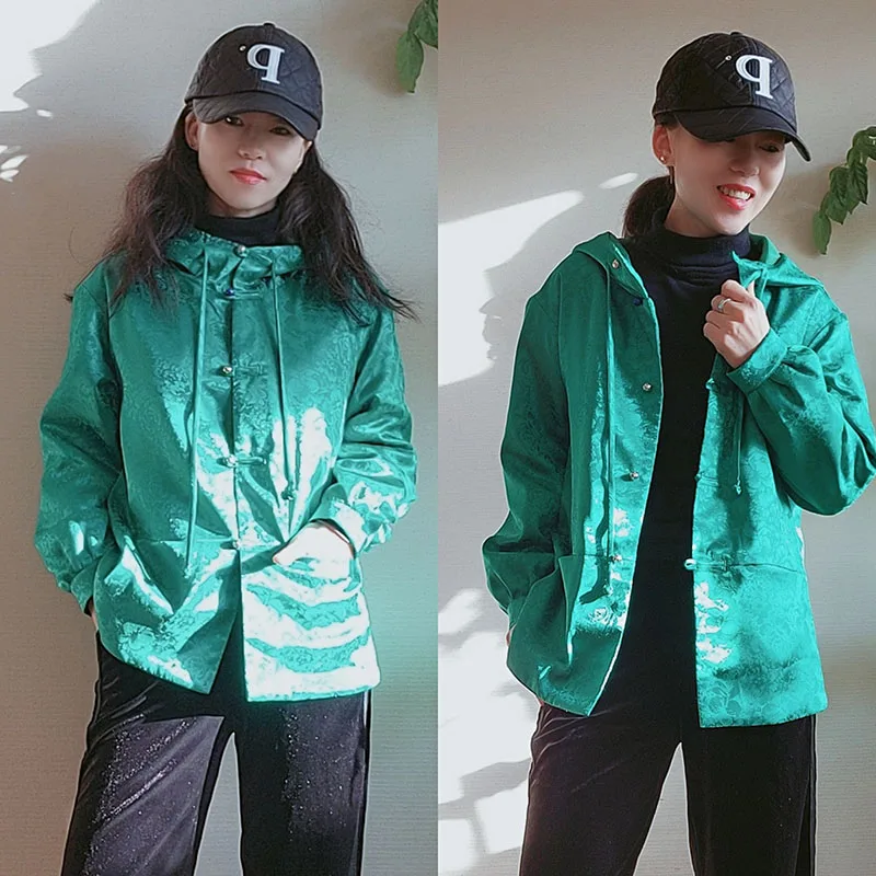 

Autumn Winter New Arrival Thin Cotton Long Sve irt Single Button Hooded Pure een Straight Original Design Retro Art Ja...