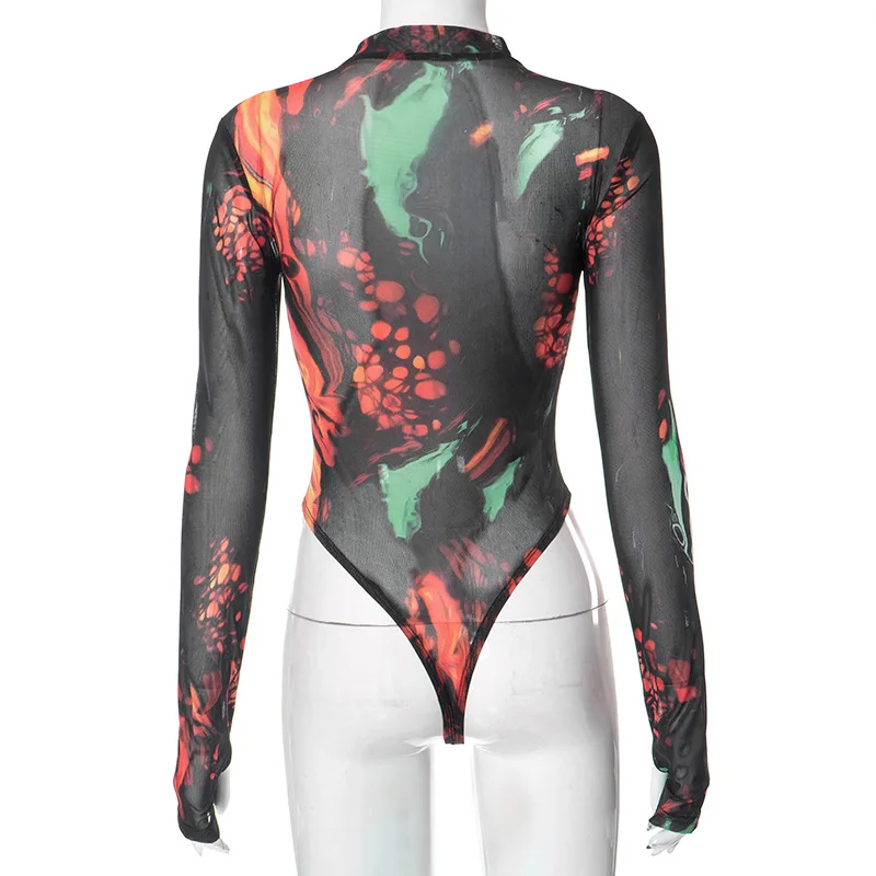 Combinaison de batterie en maille transparente imprimée pour femmes, costume de batterie maigre, manches longues, pull sexy, streetwear de embau,