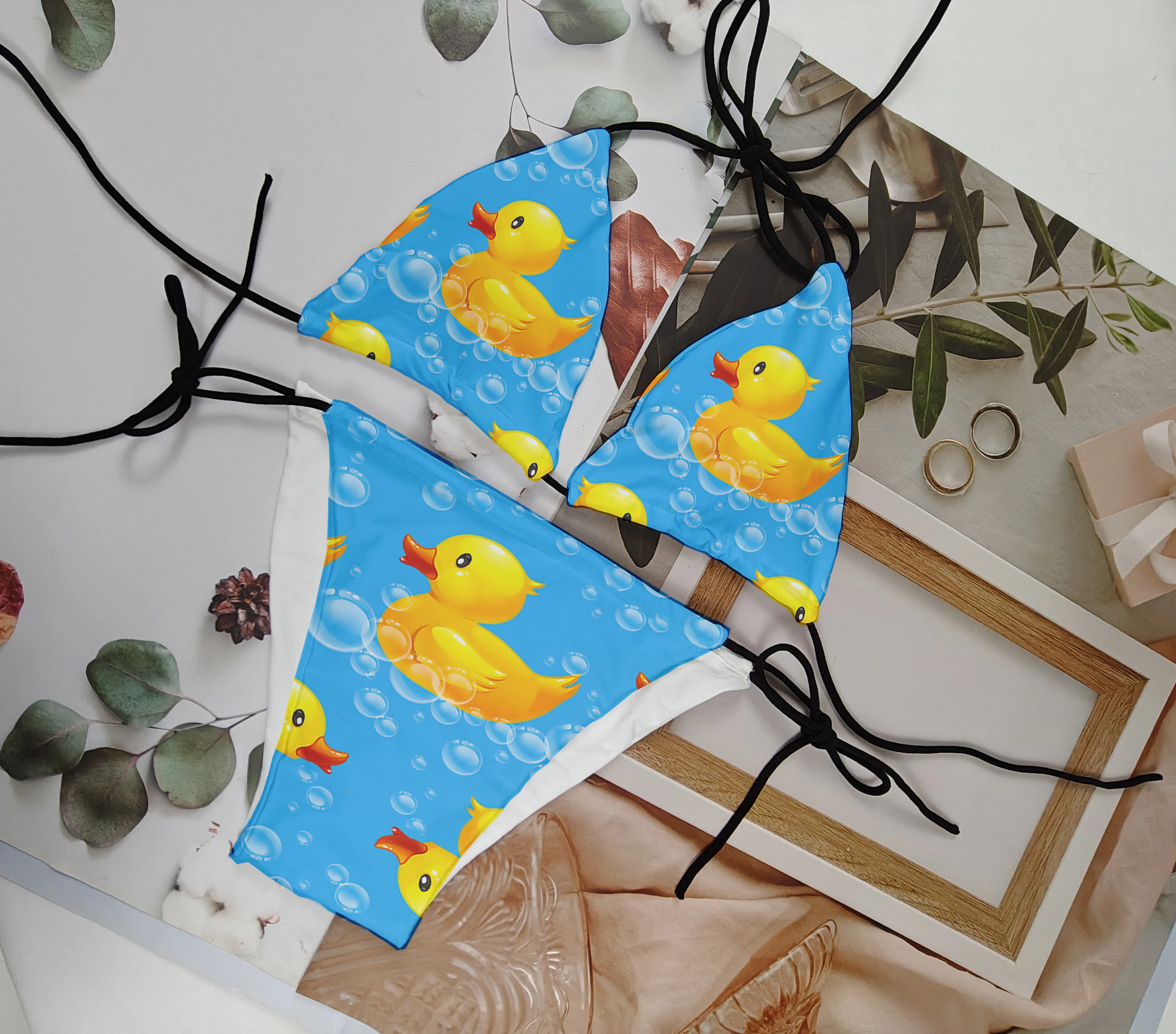 Cute and funny little yellow duck and chick print bikini fashion bikini set female backless sexy swimsuit set beach surfing