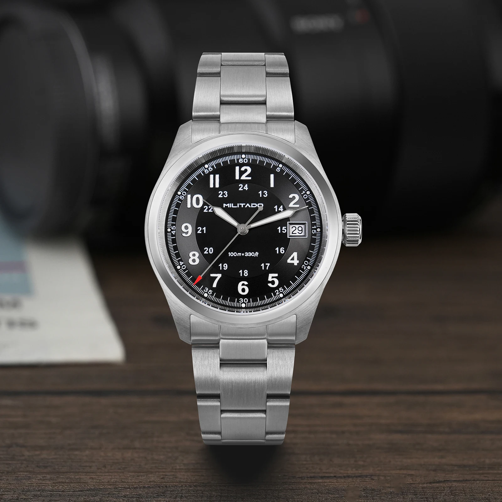 Militado ML08 Militäruhr VH31 Quarzwerk Doppeltes Saphirglas C3 BGW9 Leuchtend 10 Bar Wasserdicht 38mm Vintage-Uhr