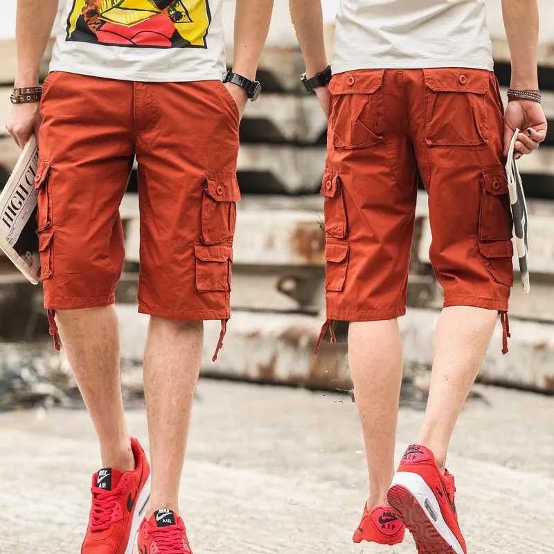 Summer Workwear Men's Loose Fit Cotton Shorts Sixths Casual Youth Active Style mid Waist Belted Pure Color Large Size
