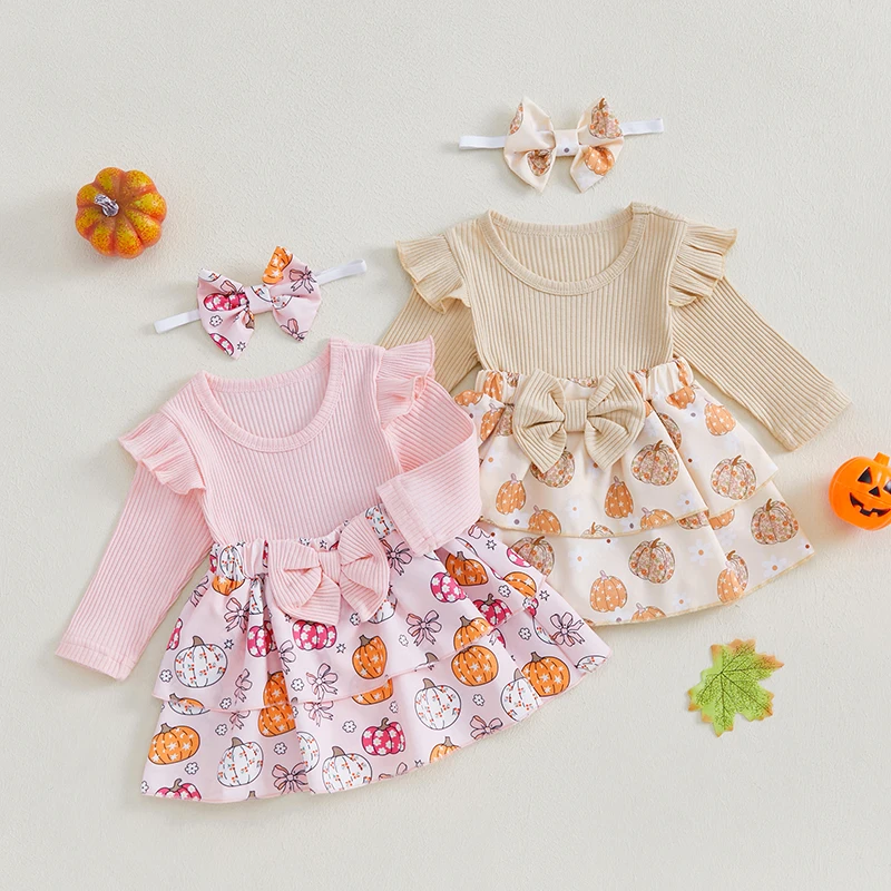 0-18m Baby Halloween Stram pler Kleid Kürbis Print Langarm Rundhals ausschnitt mit Rundhals ausschnitt und Schleife Stirnband