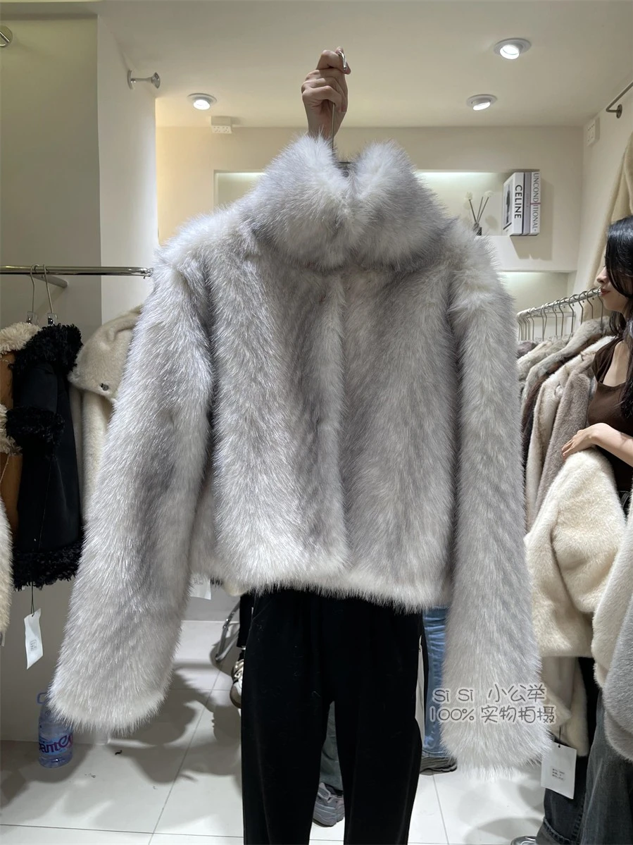 韓国スタイルのファッションエレガントな暖かいフェイクファーコート女性のための冬スタンドカラーシングルブレスト多用途豪華なショートジャケット