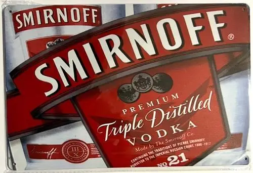 Letrero Metálico Novedoso de Vodka Smirnoff Premium Triple Destilado; ¡NUEVO!