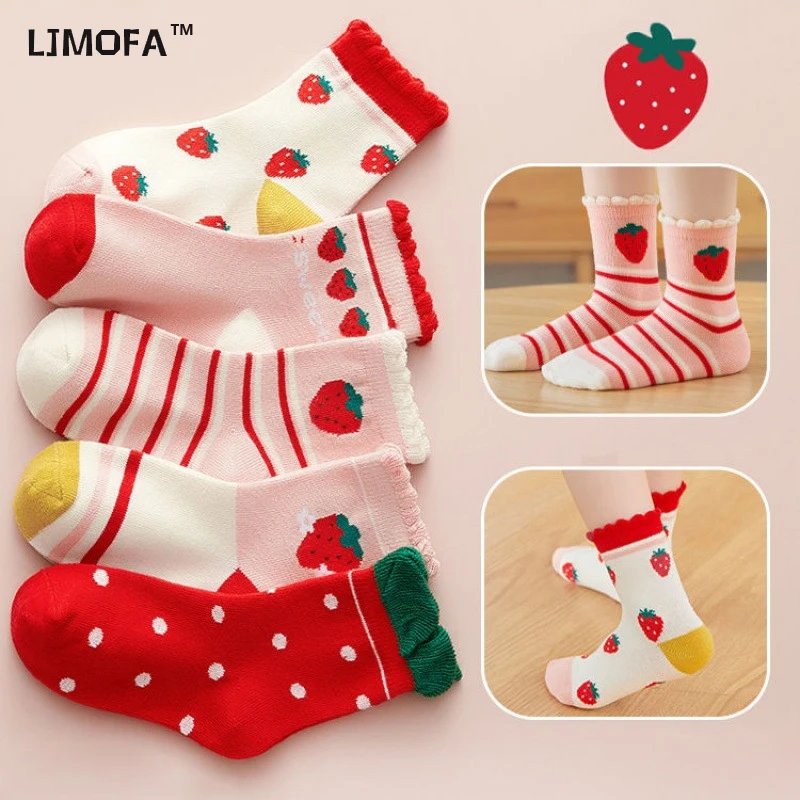 

LJMOFA 5Pairs Children's Socks Cotton Strawberry Print Sock Baby Girls Sock Cute Cartoon Breathable Socks Child Sock 아동양말 C153