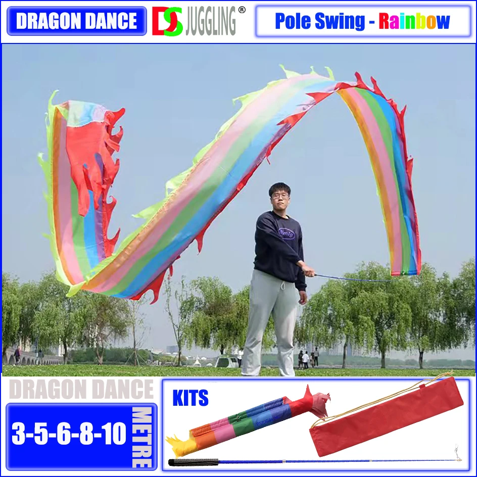 

3D Rainbow Color Ribbon Streamer with Handstick Travel Bag Washable Silk Dragon Poi For Kids & Adults Outdoor Flinging Fitness