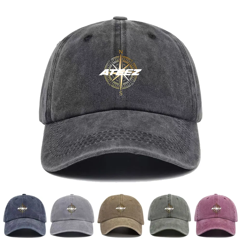 Kpop ATEEZ Compass Baseball Cap Washed Printed Trucker Style Unisex Cotton Streetwear Korean Fashion Summer Sun Hat