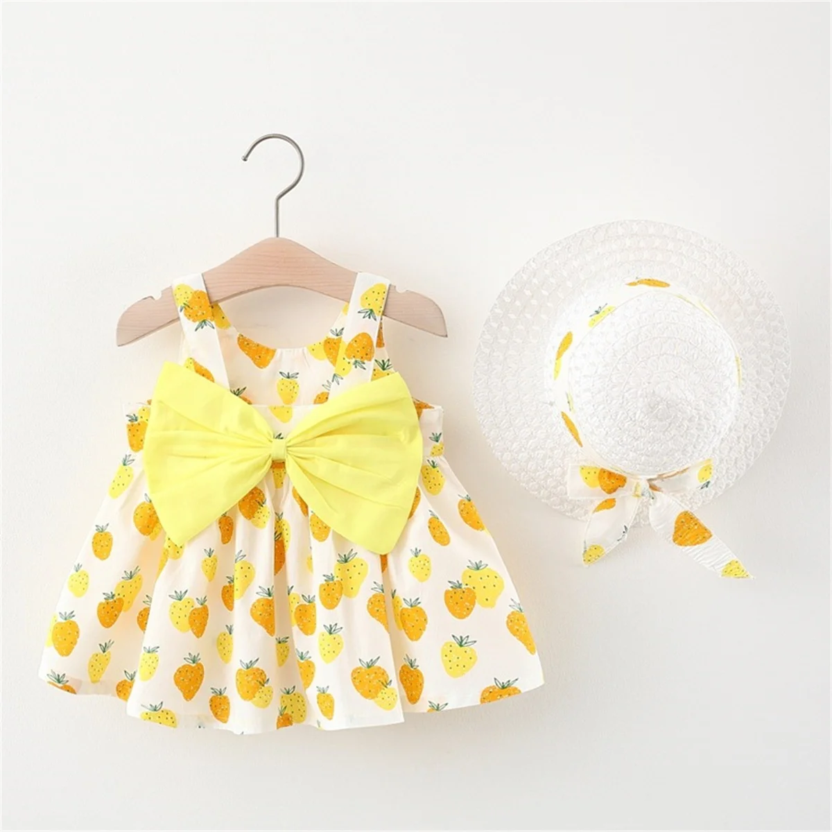 Summer 2-Piece Set Of Baby Dresses And Hats Girl\'S Strawberry Bow Strap Princess Dress 0-3 Year Old Children\'S Clothing