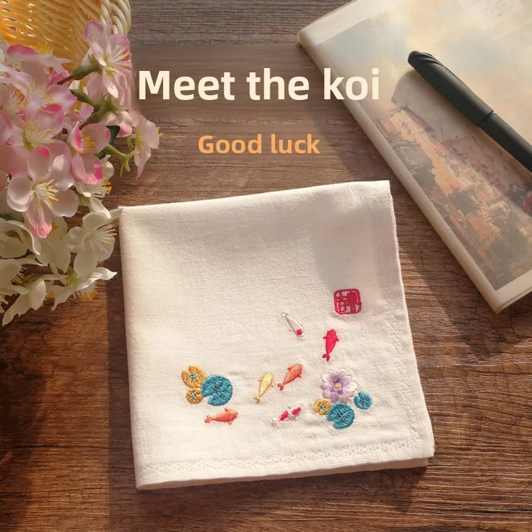 Chinese Traditional Hanfu Style Koi Fish Embroidery 100% Pure Cotton Customizable Soft Pocket Square Handkerchief For Men Women