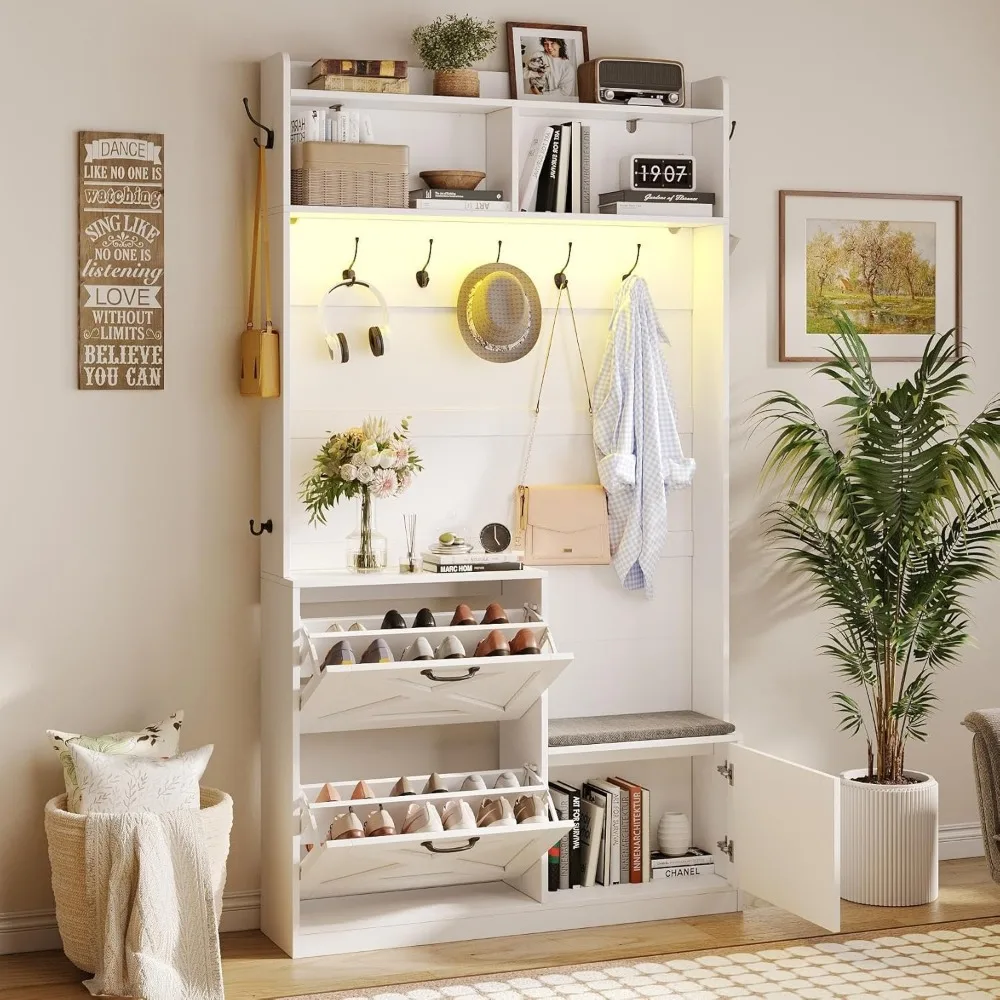 شجرة قاعة المدخل مع مقعد وتخزين الأحذية، شجرة القاعة الضيقة 5 في 1 مع ضوء LED، مقعد مبطن و9 خطافات، 2 درج قابل للطي #1