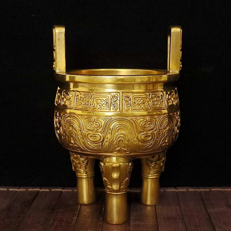 Yellow Copper Ding Incense Burner Antique Three-legged Ding Decorative Crafts Chinese Opening Gift