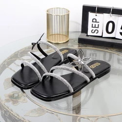 Ladies flat slippers black outside sandals celebrity PU soft bottom square rhinestone sandals bow fashion slippers
