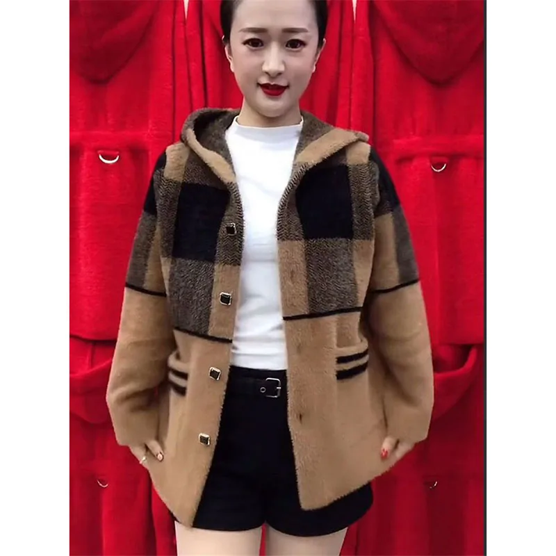 Autumn Winter New Middle Aged Mother Imitation Mink Velvet Coat Large Size Thicken Hooded Knitted Jacket Women Cardigan Sweater