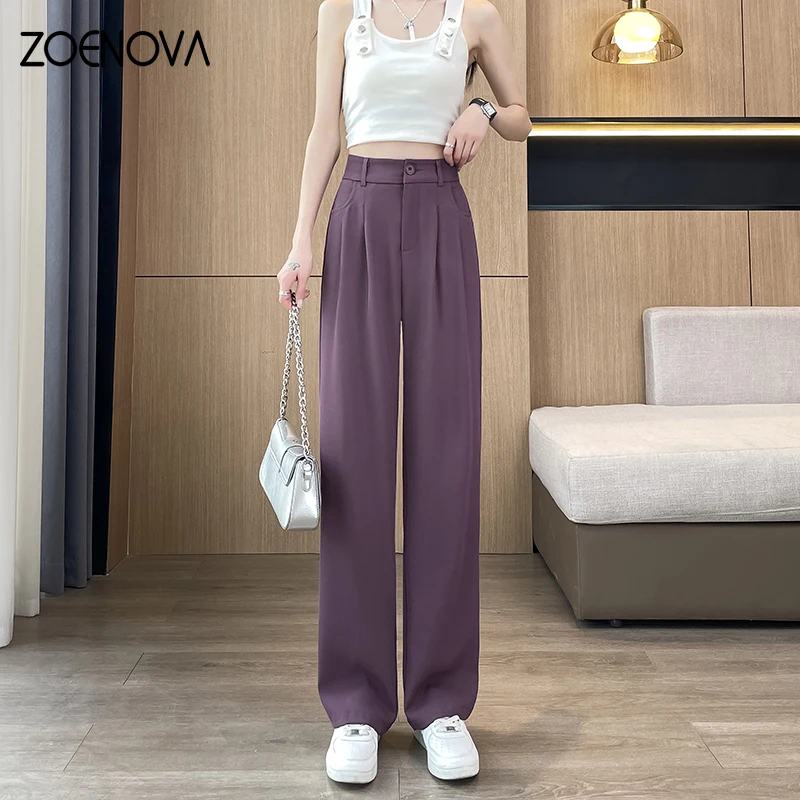 ZOENOVA Summer Fashion Women\'s Thin Business Casual Ice Silk Pants Office Ladies High Waist Slim Wide Leg Straight Suit Trousers