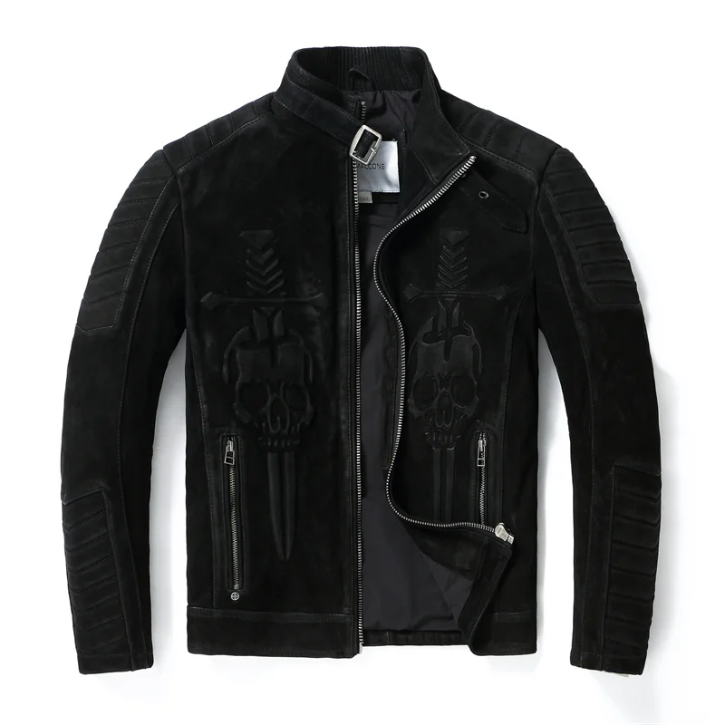 Genuine Natural Thick Cow Suede Stand Collar Skulls Pattern Coat Black Winter Leather Jacket Men Vintage Style Plus Size 3XL