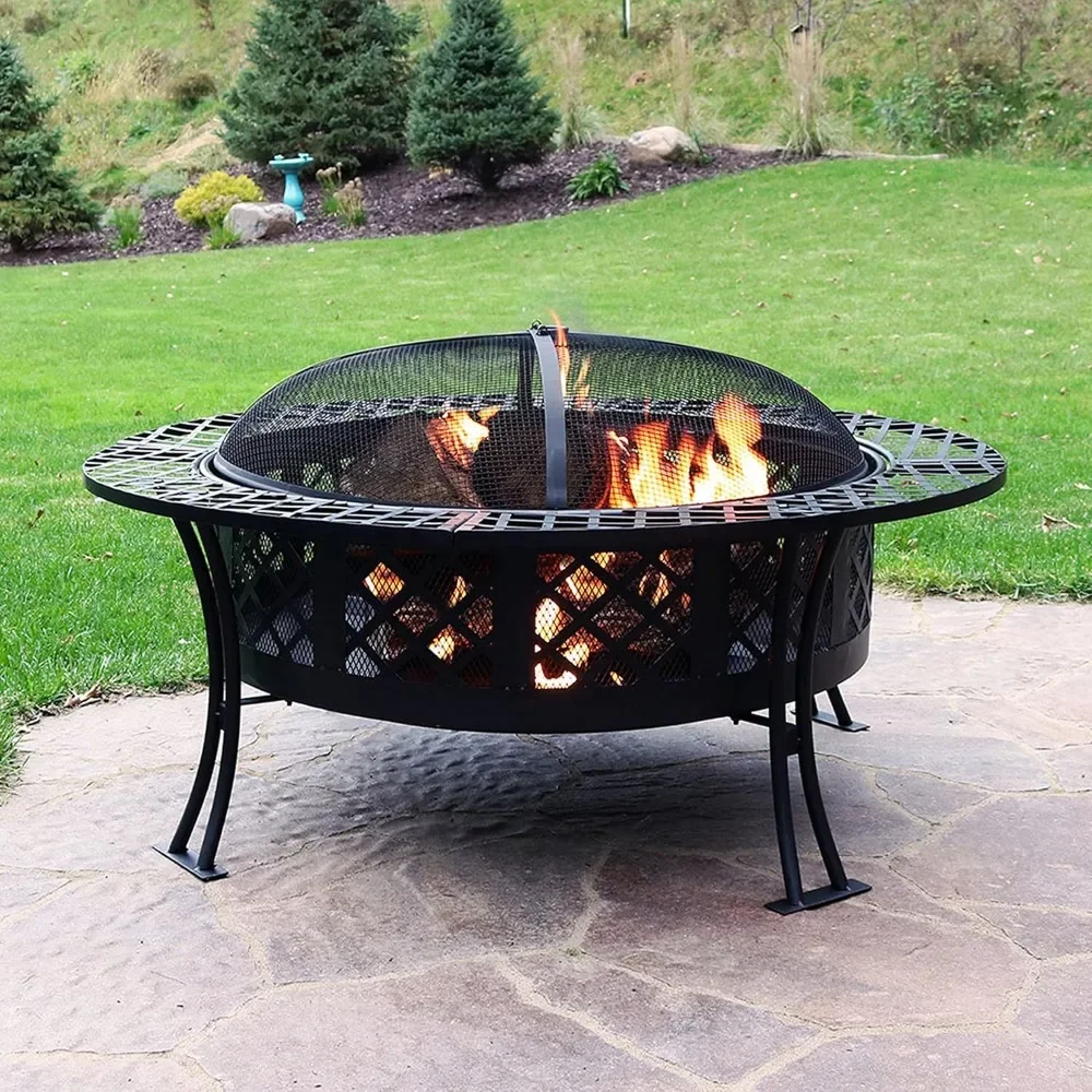 40-Inch Round Steel Fire Pit Table with Durable Spark Screen and Poker  Portable Design  Black  Diamond Weave