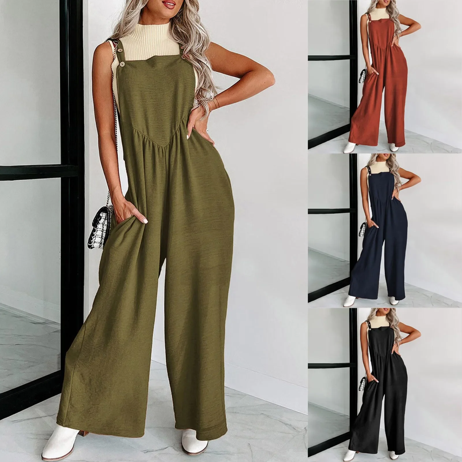 

Summer Women Jumpsuits Solid Color Casual Loose Straps Wide Leg Pants Fashion Retro Sleeveless Oversized Jumpsuits Streetwear