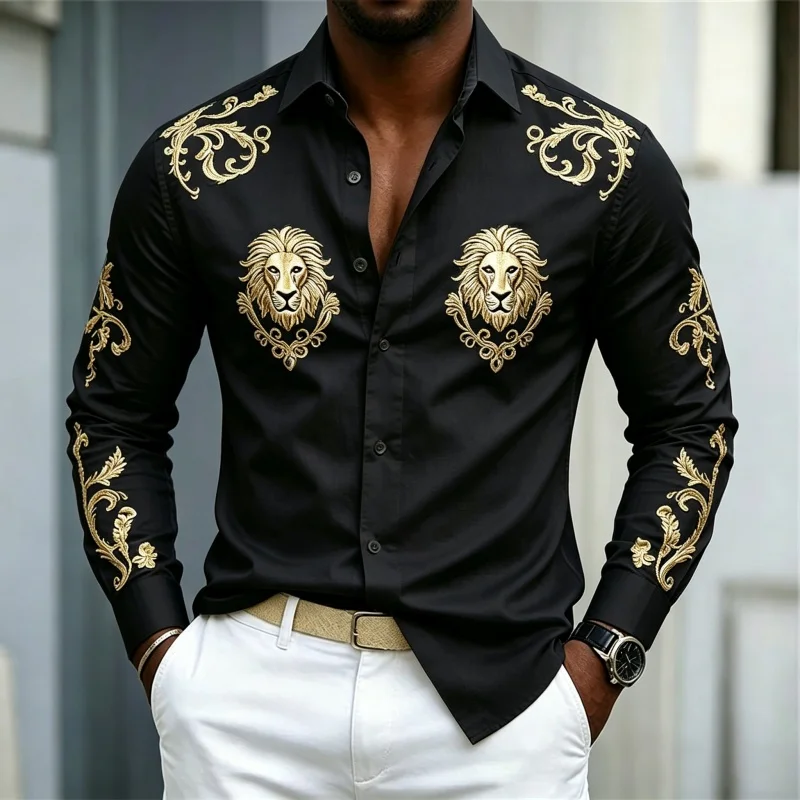 Men's Shirt Golden Lion Scroll Pattern Print Long Sleeve Button Up Shirts Turn Collar Luxury Street Fashion Tops Men Clothing