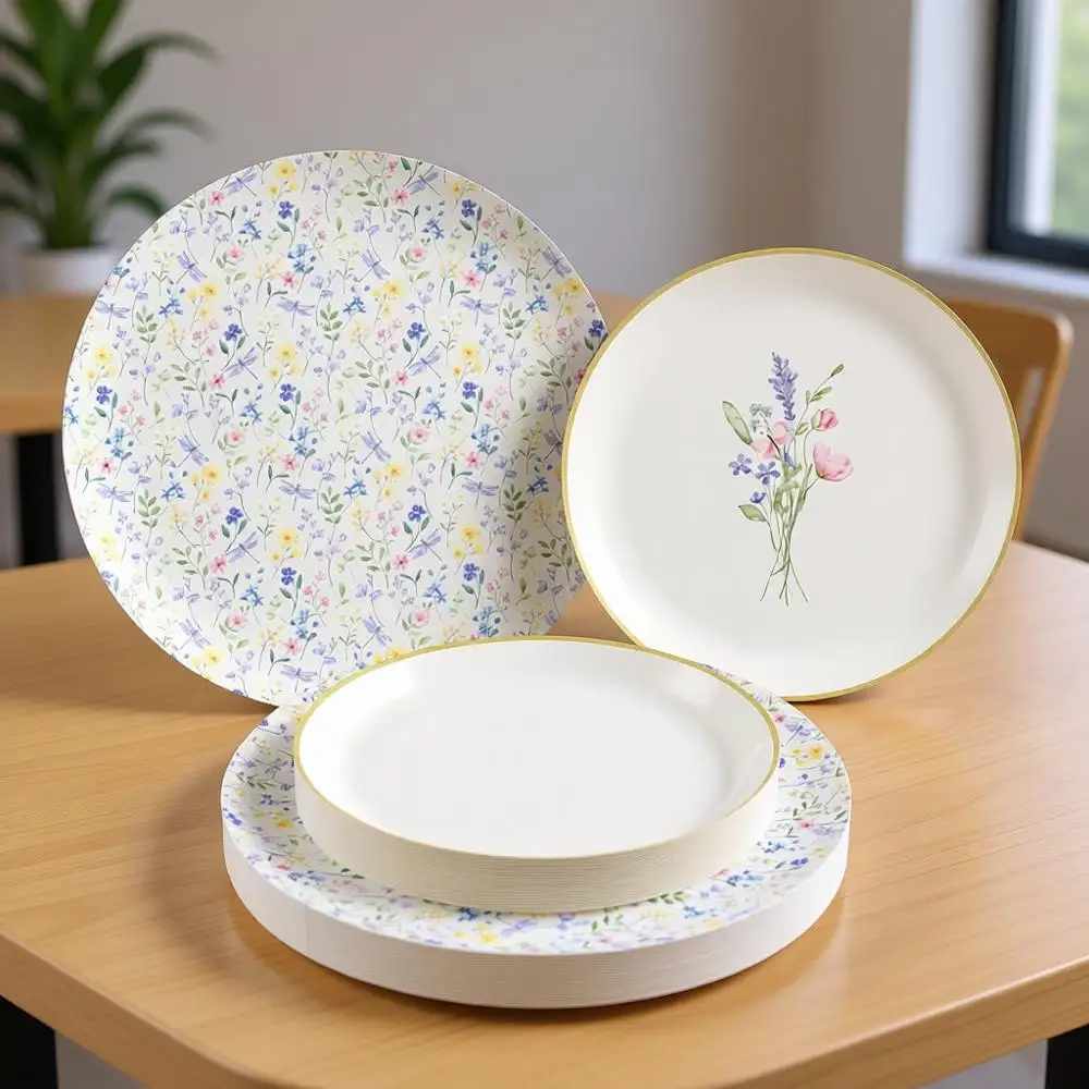 

Набор прочных бумажных тарелок, 32 одноразовые тарелки размером 8 и 10 дюймов, набор посуды из 64 предметов, цветочный дизайн