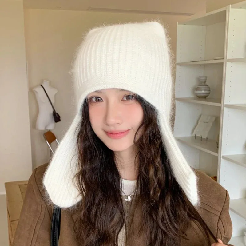 

Bomber Hat Earflap Women Winter Angora Knit Beanie Ears Design Warm Accessory For Cold Weather Autumn Outdoor Skiing Holiday