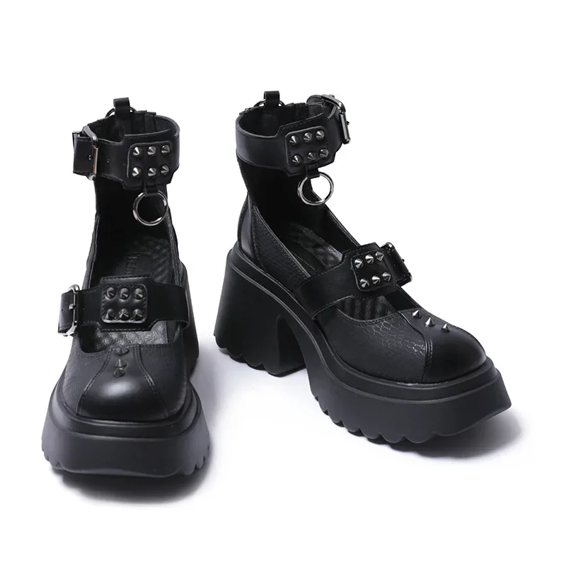 2025 Punk Nieten Gothic Mary Janes Pumps Schwarz 8,5 cm hohe Chunky Heels Goth Plateauschuhe Damen