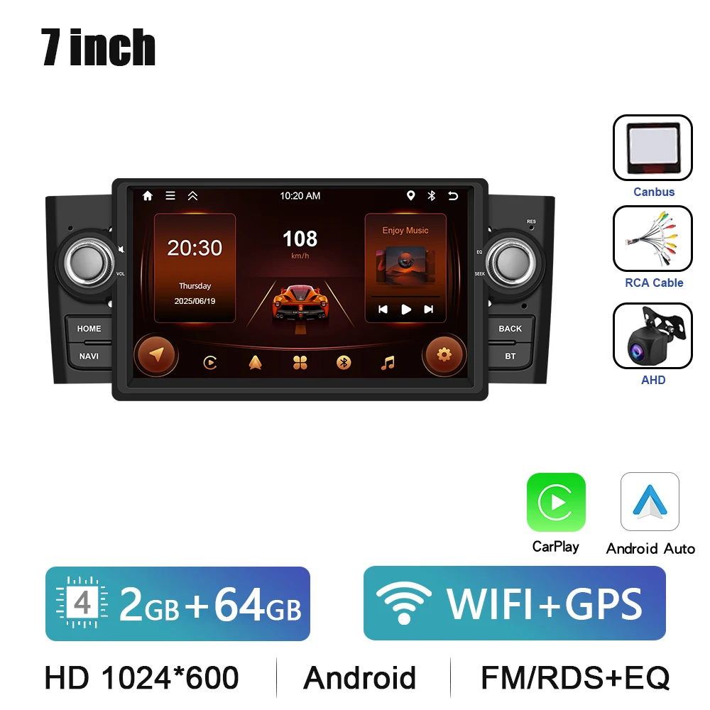 Podofo 7" HD touchscreen autoradio draadloze CarPlay Android Auto radio voor FIAT Punto 2005-2009/Linea 2007-2011 auto multimediaspeler GPS FM WIFI Bluetooth Mirror Link autoradio stereo