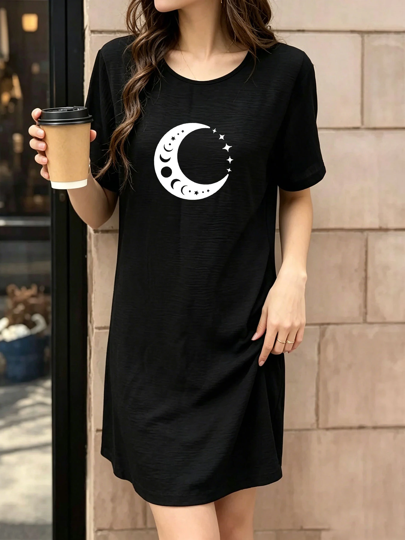 Vestido Camiseta de Verano, Ligero y Transpirable, Estampado con Estrellas y Luna, Estilo Casual, Corte Holgado, Vestido Informal que Estiliza la Figura