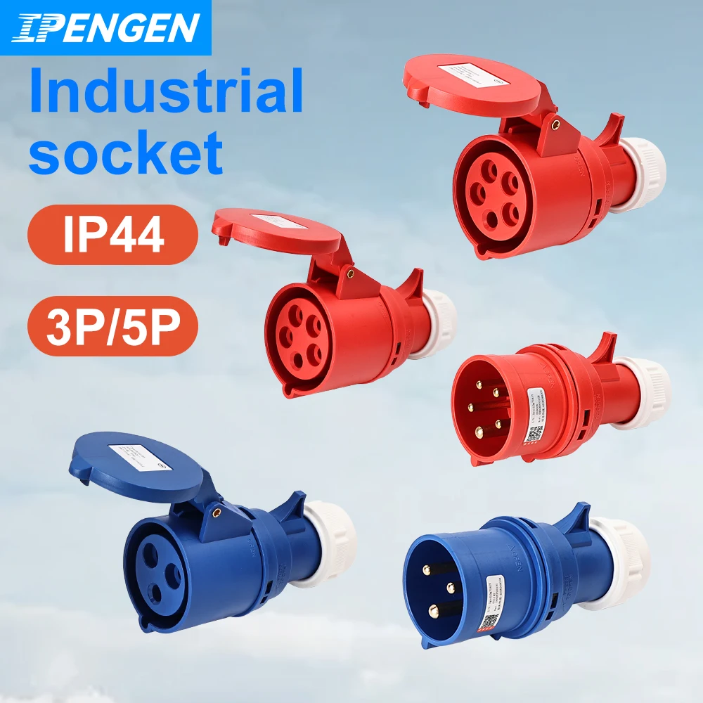 

IPENGEN IP44 Industrial Plug and Coupler Waterproof Connector 3PIN 5PIN 16A/32A Waterproof Electrical Connection EV Charger