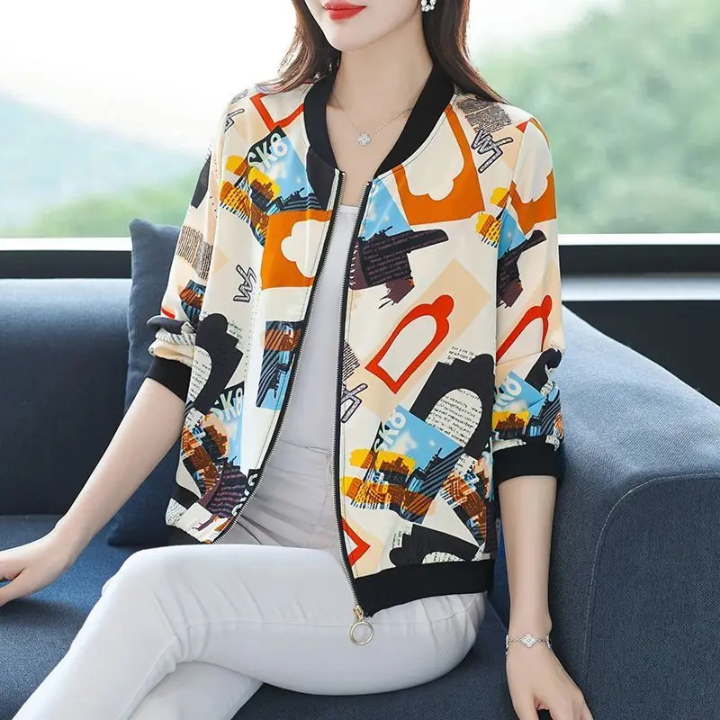 Large Size Chiffon Print Long Sleeve Jacket Women Summer Thin Coat Sun Protection Zipper Baseball Uniform Fashion Cardigan Z966