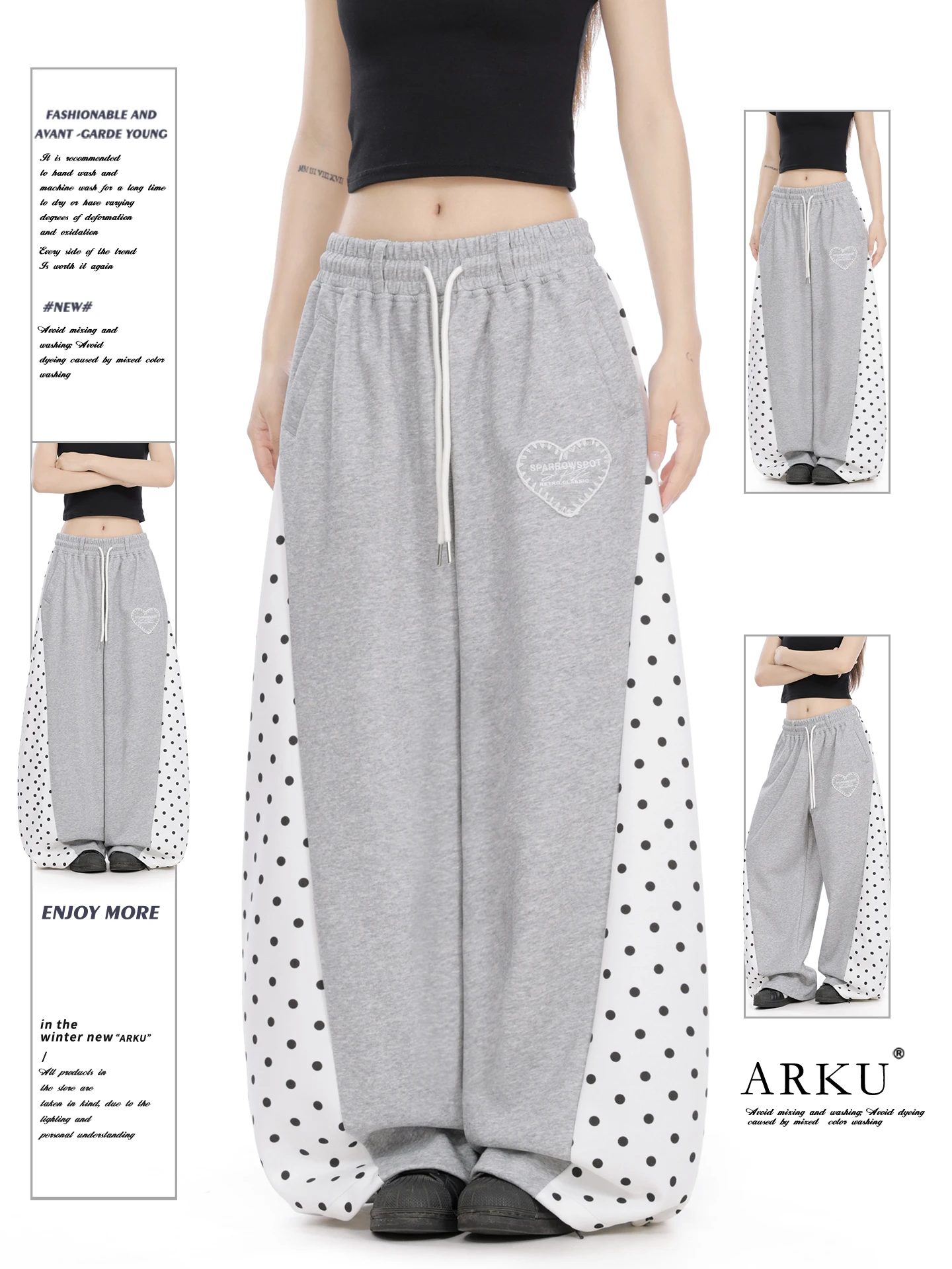 

American Retro Polka Dot Splice Sports Sweatpants Women Loose Lazy Drape Jazz Dance Wide Leg Casual Long Pants