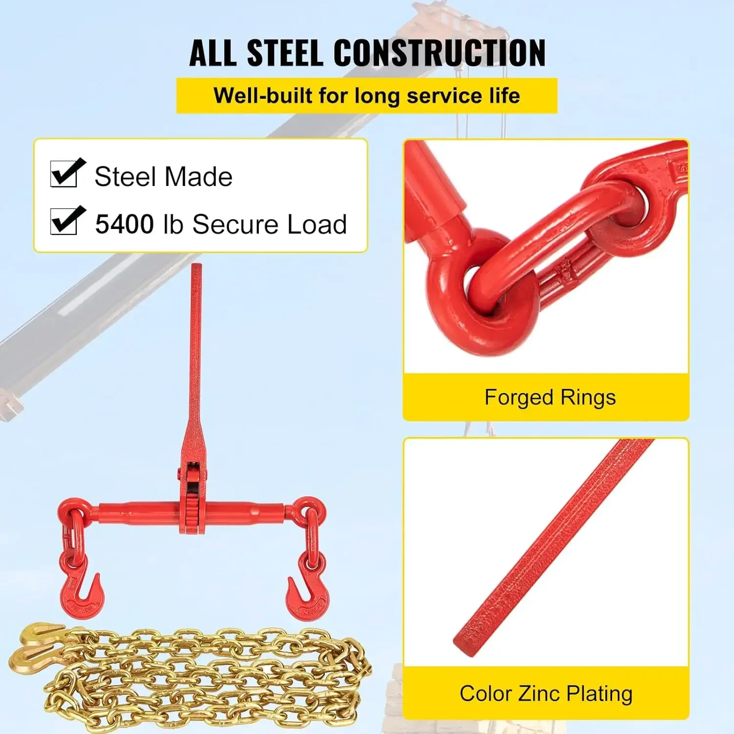 Chain Load Binder, 5/16" Tie Down Kit w/ 7100LBS Working Load Capacity and Two Grab Hooks, Transport Load Package