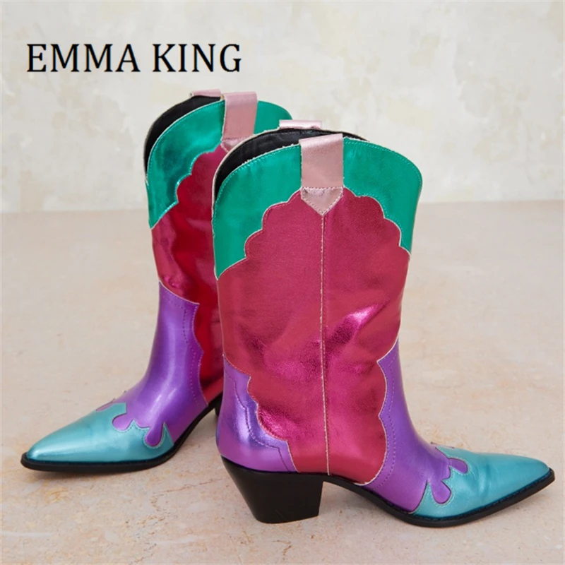 

Women Multi Color Metallic Leather Cowboy Boots Western Style Block Heels Mid-calf Boots Sexy Pointy Toe Pull On Cowgirl Boots