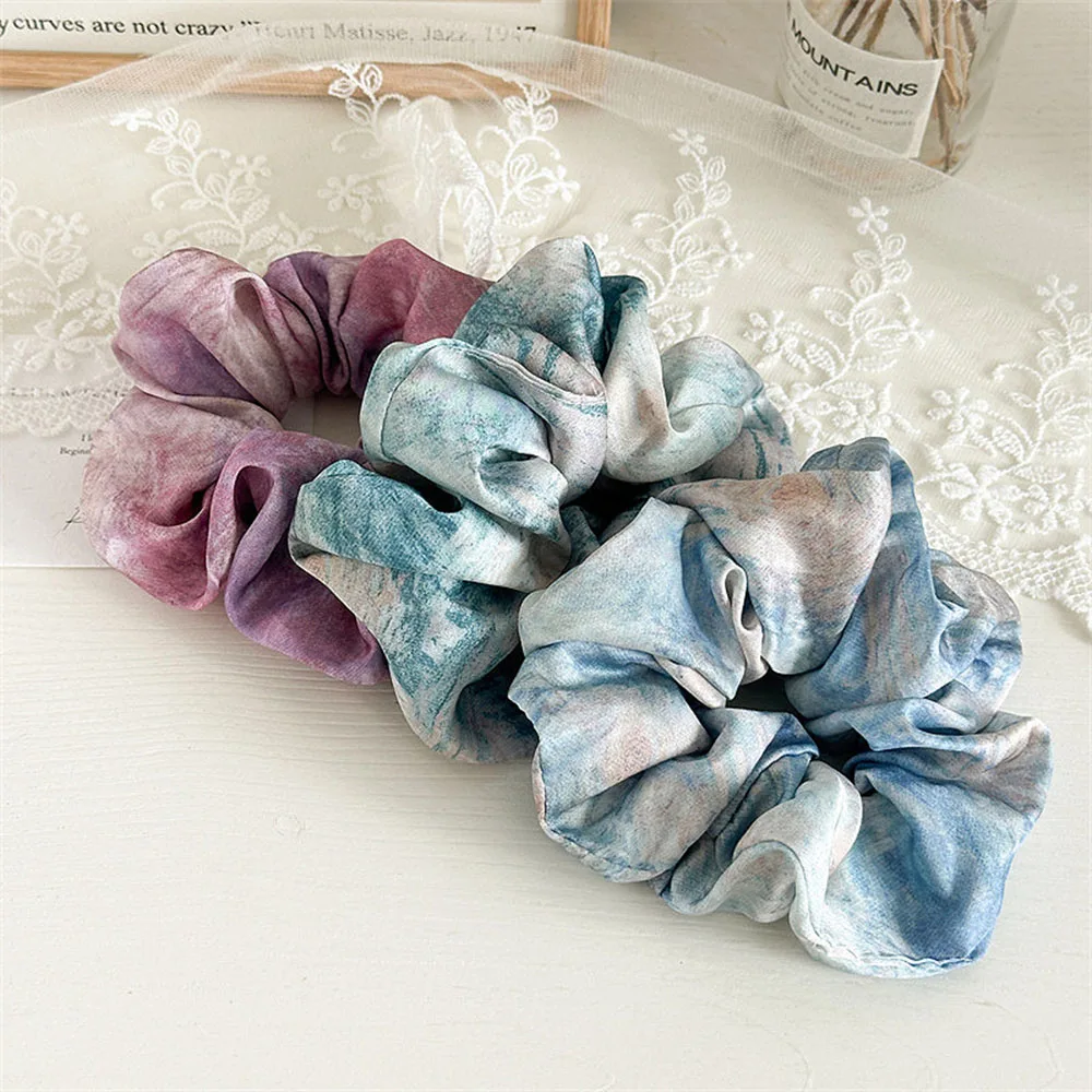 Tie-dye Oil Painting Blooming Satin Large Intestine Hair Ring Female French Elegant Ponytail Tied-up Hair Head RopeHeaddress