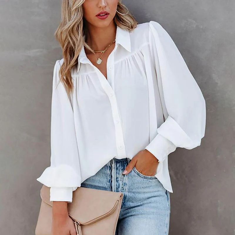 Witte Lange Latern Mouwen Blouses Lente Shirts Vrouwen Herfst Nieuw Ontwerp Elegant Kantoor Dame Shirt Tops Voor Vrouwen Blusas Mujer