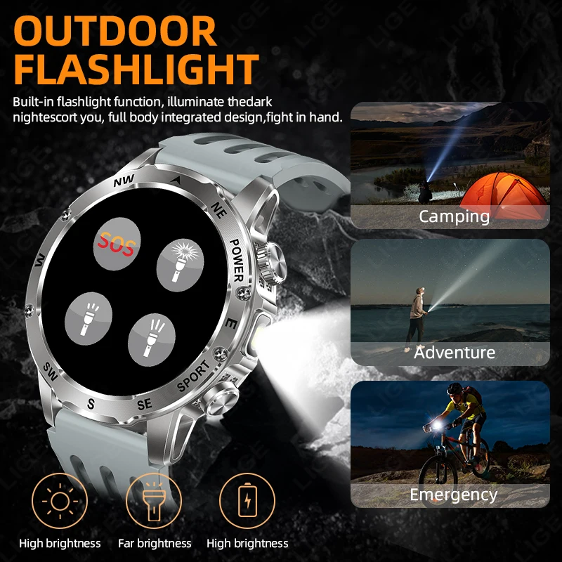LIGE Military Men's Smart Watch 800mAh Large Battery Compass Flashlight Smartwatch 100+ Sports Bluetooth Call 2025 New Watches