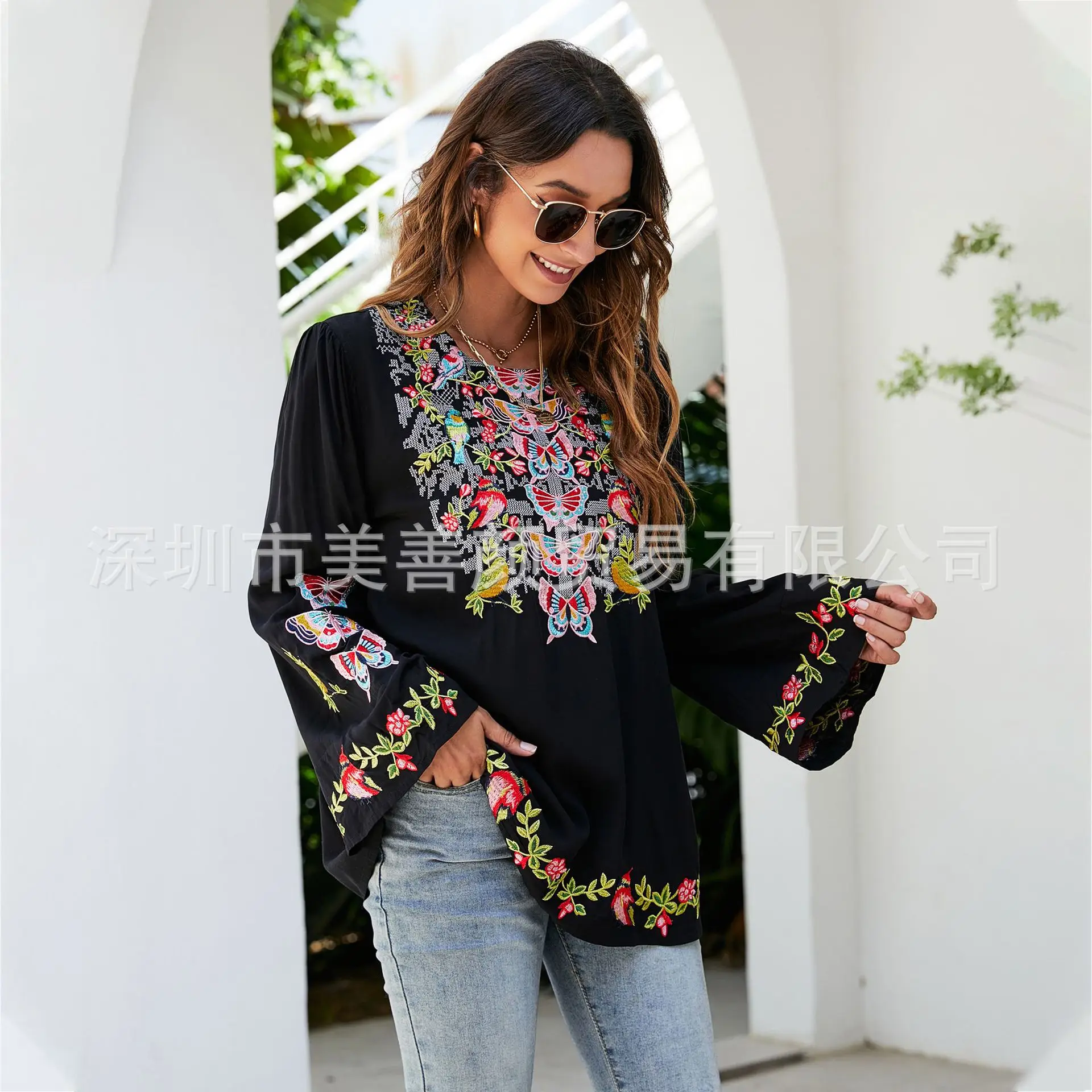 Imagem -03 - Blusa Bordada para Mulheres Estilo Étnico Costura Manga Longa Solta Bohemian Chic Tamanho Grande Camisa Floral Causal para Senhoras Túnica