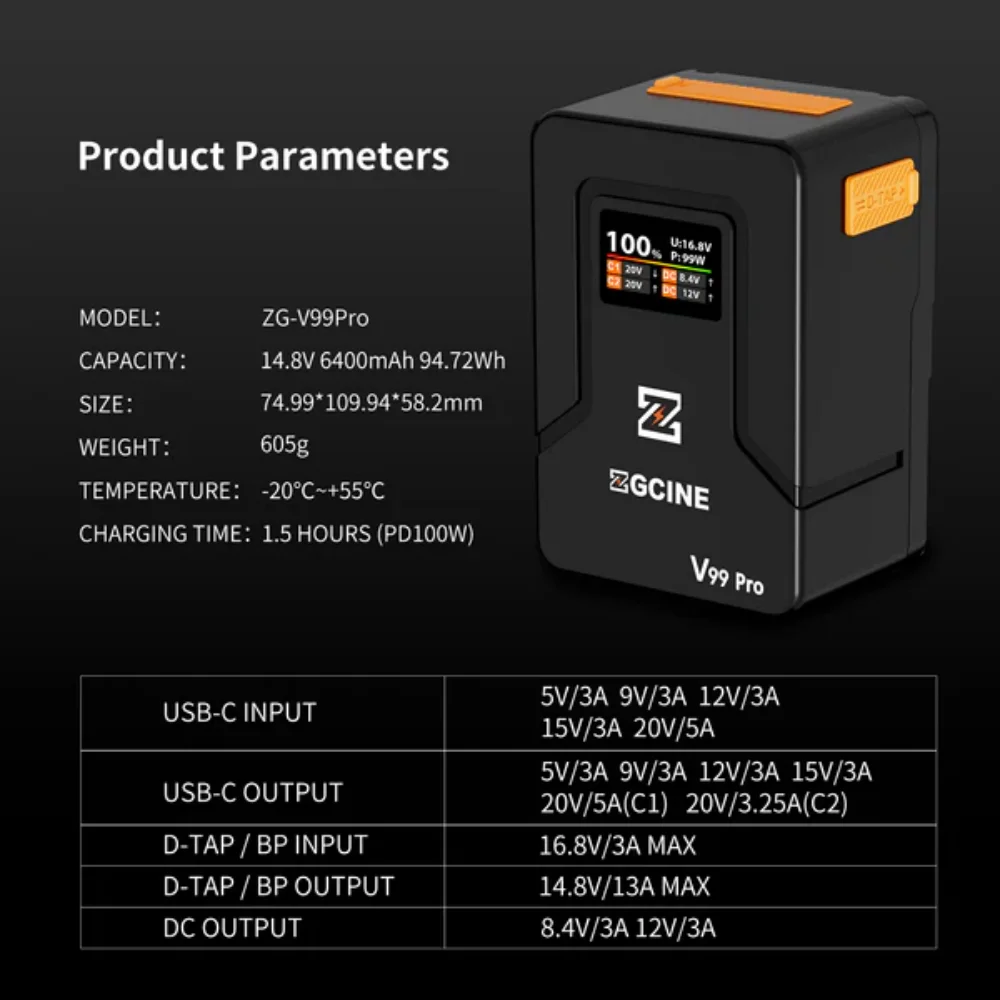 【DO BRASIL】ZGCINE V99 Pro V160 V Mount Battery PD Fast Charger D-TAP USB-A Dual USB-C Port For BMPCC 6K Pro Canon R5C Sony FX3
