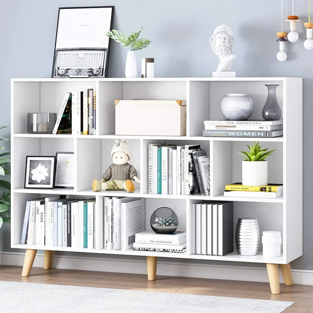 

Open Shelf Bookcase - 3-Tier Floor Standing Display Cabinet Rack with Legs, 10 Cubes Bookshelf, Warm White