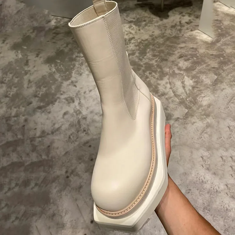 Size 35-44 Mid-calf  Boots Women Shoes Square Toe Genuine Leather Boots Casual Knight Shoe Designer Shoes Motorcycle Boots