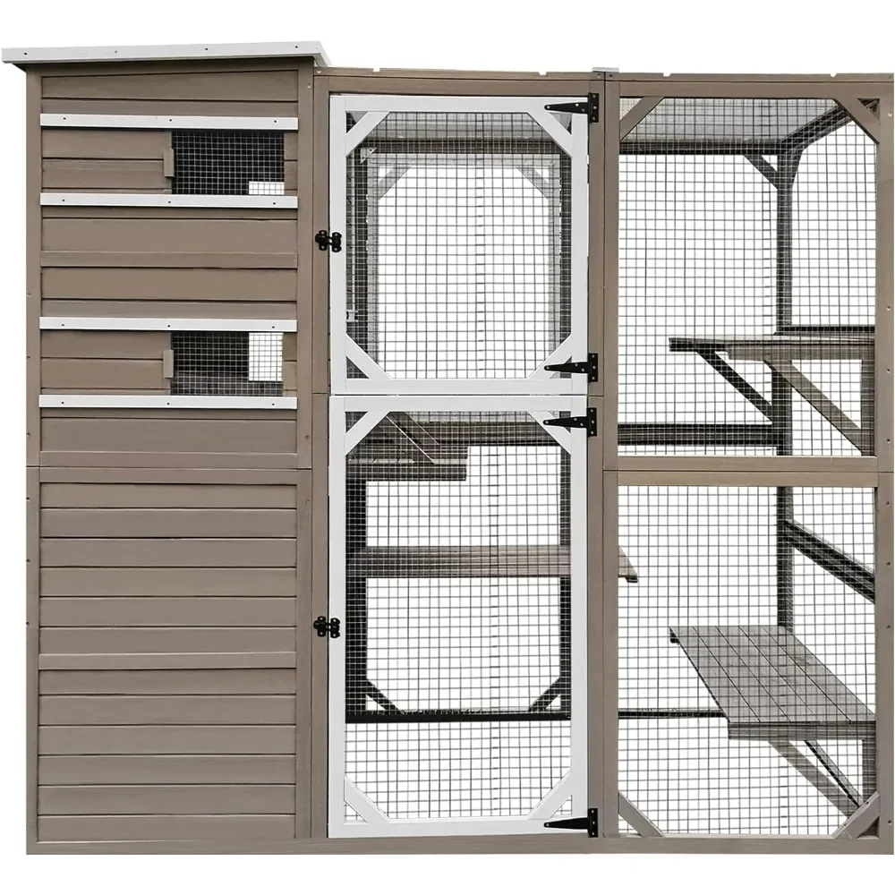 

Large Outdoor Catio Enclosures，Wooden Cat House Weatherproof with Multi Platforms&Weather Resistant Roof,Indoor Interoperability