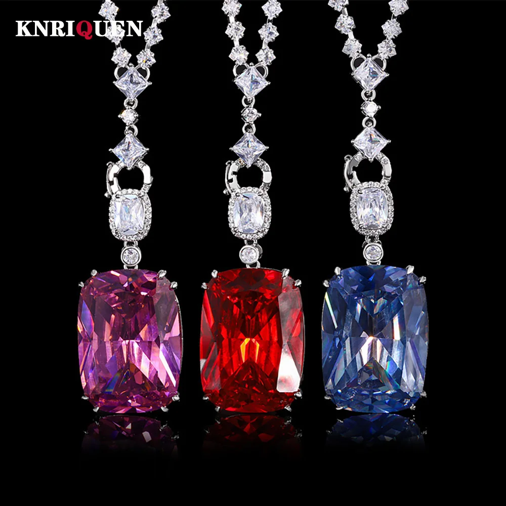 New Trend 20*28mm Ruby Sapphire Pink Quartz Big Pendant Necklace for Women Gemstone Cocktail Party Fine Jewelry Accessories Gift