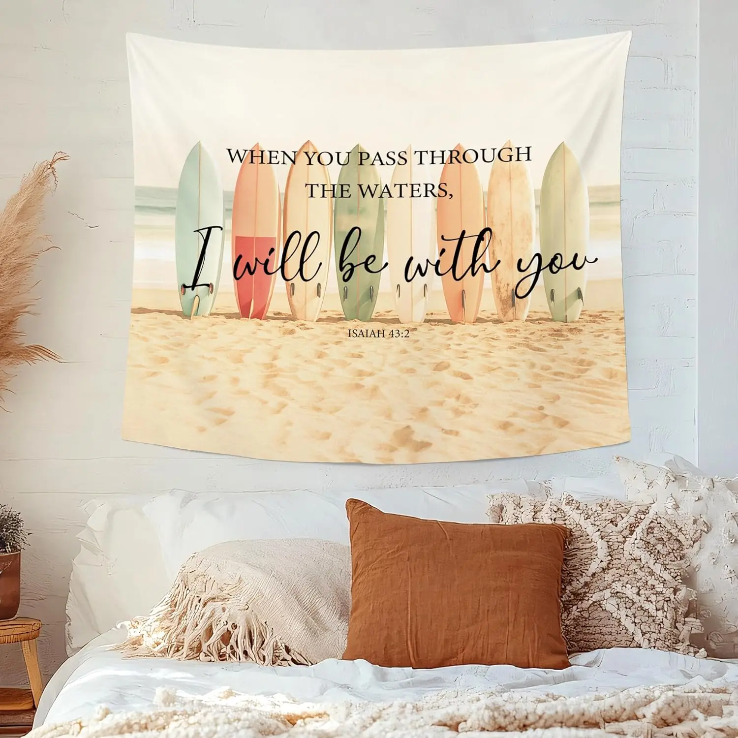 Boho Tapestry Wall Hanging Inspirational Beach Ocean Surf Christian Bible Verse Scripture Decor Living Room Gift Art